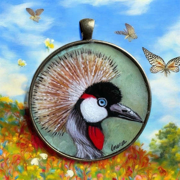 OOAK African crowned crane handpainted pendant brass bezel 16” black chain - Picture 1 of 9